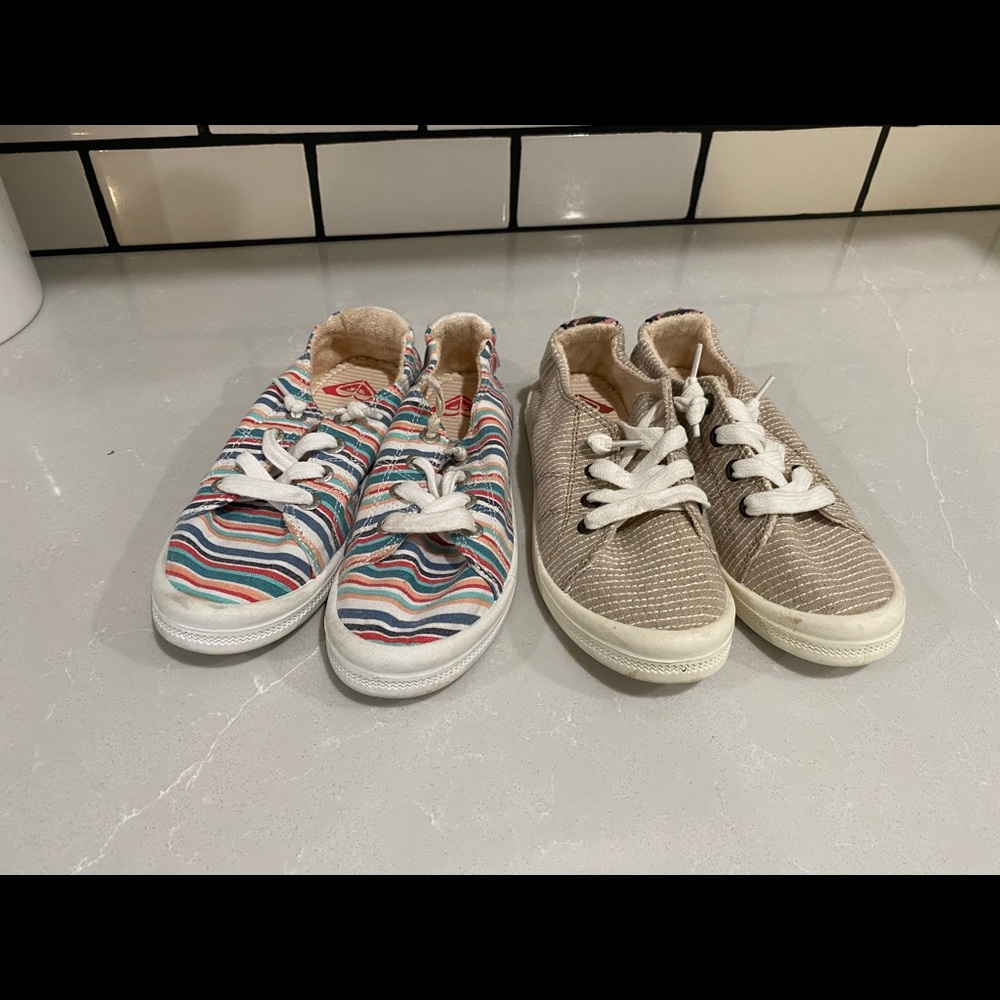 Two pairs of girls roxy slip on shoes